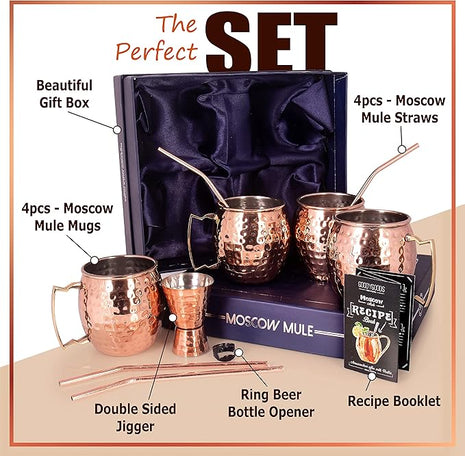 G GOODYGOODS Moscow Mule Mugs, Real Copper Plating, Stainless Steel inside Lining, Gift Set of 4 Handcrafted 18 Oz Copper Cups, 4 Unique Straws, Jigger, Ring Bottle Opener & Recipe Booklet!