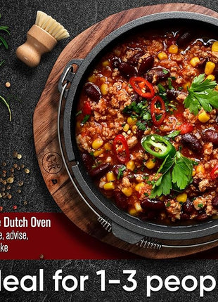 Pre-Seasoned Dutch Oven Set - 5 Quart Cast Iron Dutch Oven Pot with Lid, Fire Pot without Feet for Bread Baking & Cooking - Includes 2-in-1 Lid Lifter, Brush & Recipe Book [for 1-3 People]