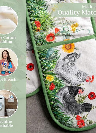 Maison d' Hermine Double Oven Mitts 100% Cotton 7"x35" Double Oven Mitt Heat Resistant BBQ Cooking Gloves with Loop, Baking, Grilling, Home, Kitchen, Handling Hot Pans Spring Summer (Basse Cour)