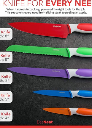 EatNeat 12-Piece Knife Set – Chef, Bread, Carving, Utility & Paring Knives with Sheaths, Sharpener & Cutting Board – Non-Stick Stainless Steel, Ergonomic, Dishwasher Safe – Ideal for Home, RV & Gift