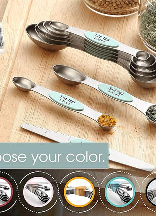 Spring Chef Stainless Steel Magnetic Measuring Spoons Set of 8 with Leveler, Metal Teaspoon & Tablespoon Measuring Spoons, Fits in Spice Jars, Kitchen Gadgets for Baking & Cooking - Set of 2 - Mint