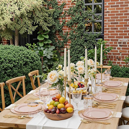 Nervure 350PCS Pink Plastic Plates - Pink Dinnerware Sets for 50 Guests - 100 Disposable Plates, 150 Gold Plastic Silverware, 50 Cups, 50 Napkins for Wedding & Party