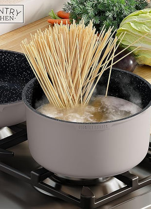 Country Kitchen Cookware Set with Removable Handle, Oven & RV Safe Pots and Pans Set, Grey/Black, Original