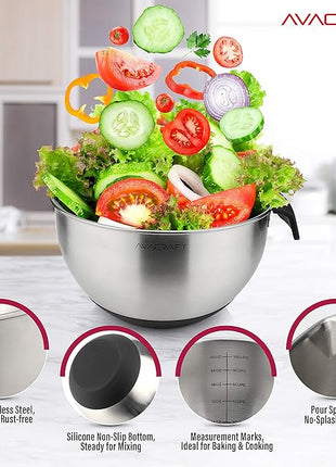 AVACRAFT 18/10 Stainless Steel Mixing Bowls with Lids, non slip silicone base bowls with Handle, Mixing Bowl Set with Pour Spouts & Measurement Marks, Home Essentials Cooking Bowls, (Black)