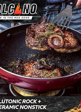 Textured Ceramic Nonstick, 11" Flat Bottom Wok Stir-Fry Pan with Lid for High Heat Cooking, Oven & Broiler Safe to 600 Degrees, Dishwasher Safe, PFAS PFOA & PTFE Free, Red