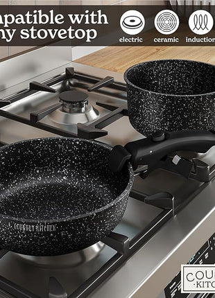 Country Kitchen Cookware Set with Removable Handle, Oven & RV Safe Pots and Pans Set, Black, Original