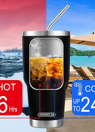 D·S 30 oz Black Tumbler Stainless Steel Double Wall Vacuum Insulated Mug with Straw and Lid, Cleaning Brush for Cold and Hot Beverages