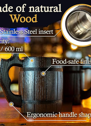 Set of 6 Beer Mug 20 OZ - Tankard Mug - Beer stein - Wooden beer mug - Stainless Steel Cup - Handmade Gifts for Men - Fathers Day, Christmas or Birthday Gift Idea - Barrel Brown