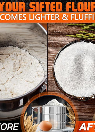 Flour Sifter for Baking – 3 Cup Flour Sifter Stainless Steel with Dual-Blade, Ergonomic Handle, Reinforced Base, Rust-Resistant and Easy to Wash – For Powdered Sugar, Cocoa, and Daily Baking Tasks