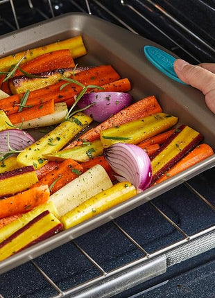 Rachael Ray 47578 Cucina Nonstick Bakeware Set with Grips Includes Nonstick Bread Pan, Baking Sheet, Cookie Sheet, Baking Pans, Cake Pan and Muffin Pan - 10 Piece, Latte Brown with Agave Blue Grips