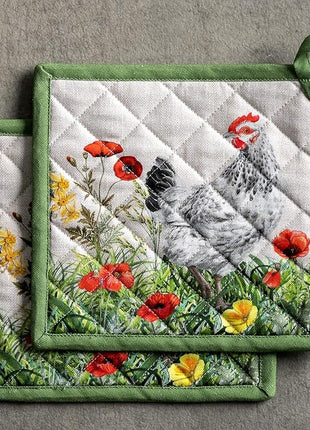 Maison d' Hermine Pot Holders Set 100% Cotton Heat Resistant Potholders 8" x 8" Hot Pads with Loop BBQ, Cooking, Baking, Grilling, Kitchen, Handling Hot Pans Spring/Summer (Pack of 2, Basse Cour)