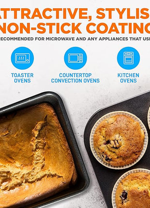 NutriChef 8-Piece Nonstick Stackable Bakeware Set - PFOA, PFOS, PTFE Free Baking Tray Set w/Non-Stick Coating, 450°F Oven Safe, Round Cake, Loaf, Muffin, Wide/Square Pans, Cookie Sheet (Brown)