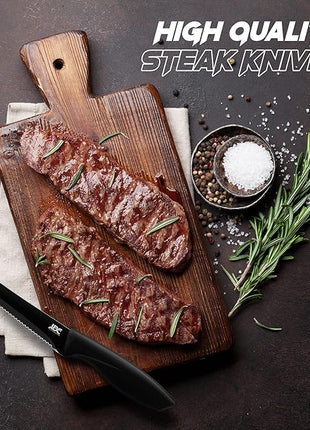 LDC Serrated Steak Knives Set of 8, Elegant Black Ultra Sharp Knives, Dishwasher Safe Stainless Steel Dining Knife Set