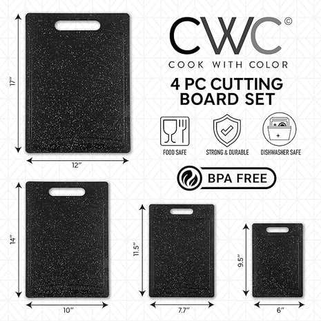 COOK WITH COLOR Non-Slip Cutting Board Set – Kitchen Essentials with Easy Grip Handle for Meat, Veggies, and Fruits, 4 Cutting Boards, Black