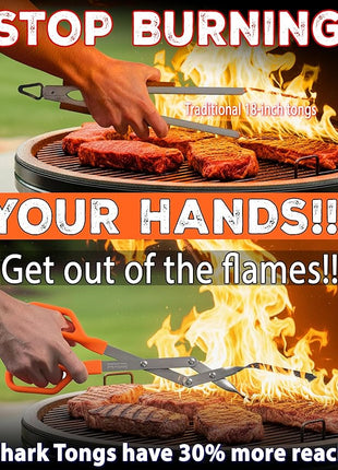 Shark BBQ Pitmaster Grill Tongs, 2X Stronger, Heavy-Duty for Big Hands & Large Cuts. Long-Reach Barbecue Grilling Tongs. Premium Stainless Steel Tong (Hunter Orange)