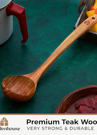 Wooden Ladle for Cooking, Soup Spoon Ladle – Teak Wooden Serving Spoon, 12.4″ Handle, Medium Scoop Size 2 oz – Eco Friendly, Natural and Sustainable