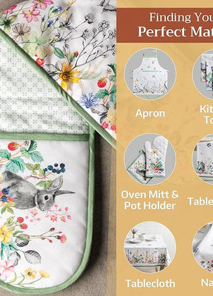 Maison d' Hermine Double Oven Mitts 100% Cotton 7"x35" Double Oven Mitt Heat Resistant BBQ Cooking Gloves with Loop, Baking, Grilling, Home, Kitchen, Handling Hot Pans Spring Summer (Printemps)