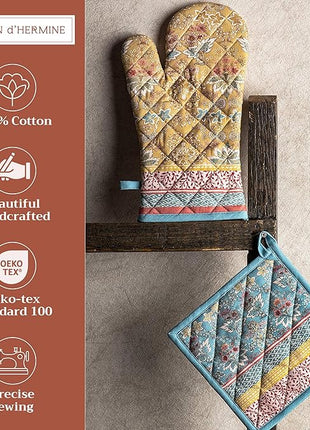 Maison d' Hermine 100% Cotton Oven Mitt & Pot Holder Set (7.5"x13" & 8"x8") Heat Resistant BBQ Cooking Gloves with Loop, Baking, Grilling, Kitchen, Handling Hot Pans Spring/Summer (Marquise)