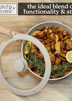 Country Kitchen Cookware Set with Removable Handle, Oven & RV Safe Pots and Pans Set, Cream Gold Speckle Wood Handle, Original