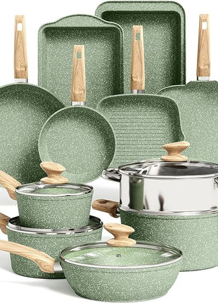 Kitchen Academy 17 Pieces Induction Cookware Set with Griddle, Green Granite Pots and Pans Set Non Stick, Healthy Nonstick Cooking Pans Set