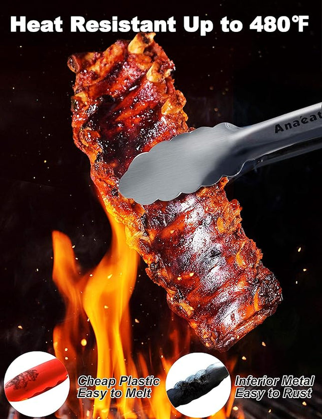 Anaeat Premium Sturdy Barbecue Tongs for Kitchen Grill & BBQ - 7,9,12 Inch Non-Slip Stainless Steel Locking Tongs Heat Resistant for Grilling, Cooking, Turning and Barbecue