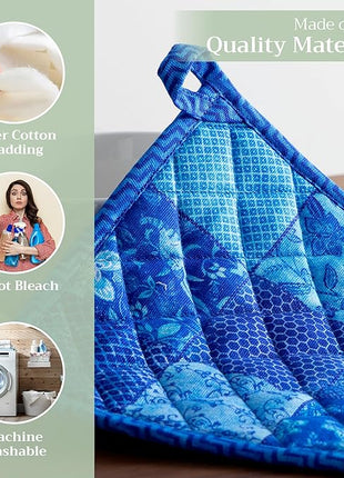 Maison d' Hermine Pot Holders 100% Cotton Heat Resistant Potholders 8" x 8" Hot Pads with Loop BBQ, Cooking, Baking, Grilling, Kitchen, Handling Hot Pans Spring/Summer (Pack of 1, Indigo Love)
