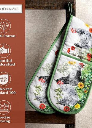 Maison d' Hermine Double Oven Mitts 100% Cotton 7"x35" Double Oven Mitt Heat Resistant BBQ Cooking Gloves with Loop, Baking, Grilling, Home, Kitchen, Handling Hot Pans Spring Summer (Basse Cour)
