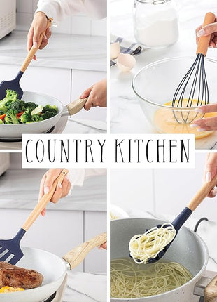 Country Kitchen Non Stick Silicone Utensil Set with Rounded Wood Handles for Cooking and Baking, 38 Piece Set, Navy
