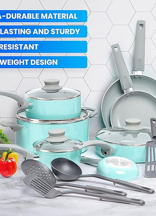 Mueller 16-Piece Non-Stick Stone Cookware Set with Steamer and Glass Lids, Turquoise