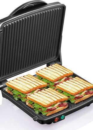 Panini Press Grill, Yabano Gourmet Sandwich Maker Non-Stick Coated Plates 11" x 9.8", Opens 180 Degrees to Fit Any Type or Size of Food, Stainless Steel Surface and Removable Drip Tray, 4 Slice