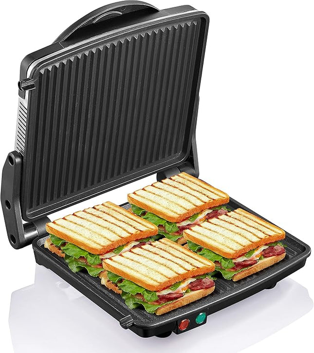 Panini Press Grill, Yabano Gourmet Sandwich Maker Non-Stick Coated Plates 11" x 9.8", Opens 180 Degrees to Fit Any Type or Size of Food, Stainless Steel Surface and Removable Drip Tray, 4 Slice