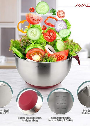 AVACRAFT 18/10 Stainless Steel Mixing Bowls with Lids, non slip silicone base bowls with Handle, Mixing Bowl Set with Pour Spouts & Measurement Marks, Home Essentials Cooking Bowls, (Red)