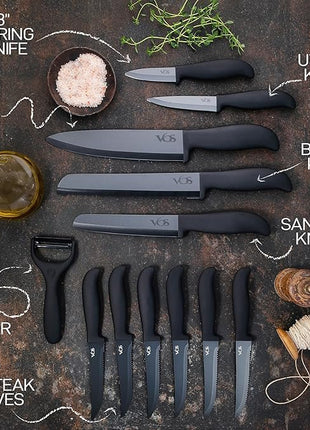 Vos Ceramic Knife Set With Block - 13-Piece Ceramic Knives Set For Kitchen, Includes Chef, Santoku, Bread Knives, Steak Knives, Peeler & Elegant Wooden Block - Ultra-Sharp, Dishwasher safe,Lightweight