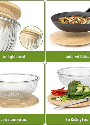 Stackable Space-Saving Nesting Set of 3 Glass Bowls with Bamboo Lids for Foodprep, Storage, Mixing & Cooking - Microwave & Oven Safe BPA Free Durable Heat Resistant Inert Borosilicate Glass