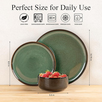 LeRatio Ceramic Dinnerware Sets for 4,Porcelain Plates and Bowls Sets, Reactive Glaze Dishes Set,Chip Resistant and Scratch Resistant | Oven&Dishwasher & Microwave Safe,Service for 4-Green&Black