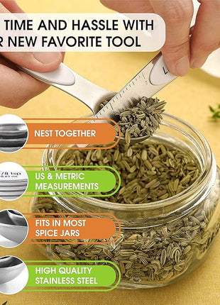 Spring Chef White Stainless Steel Magnetic Measuring Spoons Set of 8 with Leveler, Dual Sided Metal Teaspoon & Tablespoon Measuring Spoons, Fits in Spice Jars, Kitchen Gadgets for Baking & Cooking