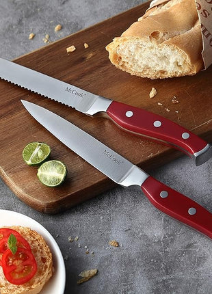 McCook® Stainless Steel Kitchen Knife Sets with Wooden Block, Kitchen Scissors and Built-in Sharpener, Red