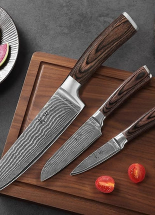 Wakoli EDIB 3-Piece Damascus Kitchen Knife Set in Wooden Gift Box – Sharp Knives Set made of Genuine Damascus Steel (VG10 Core) – Santoku, Small Santoku, & Pairing Knife – Ergonomic Pakkawood Handles
