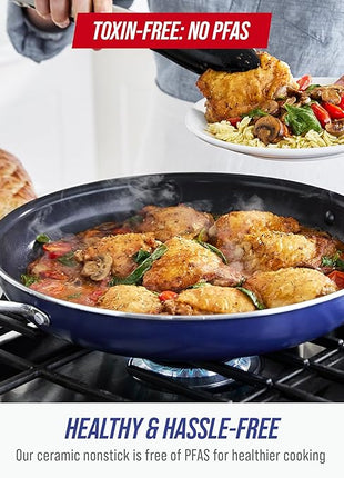Blue Diamond 14" Nonstick Frying Pan Skillet, Diamond Infused PFAS & PTFE-Free Ceramic Pot, Dishwasher & Oven Safe, Stay Cool Handle, Durable Non Toxic Metal Utensil Safe, Family Jumbo Pan, Blue
