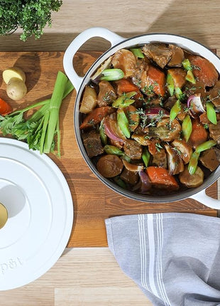 Crock-Pot Artisan 7-Quart Round Dutch Oven – Matte Linen White with Gold Knob, Enameled Cast Iron Cookware