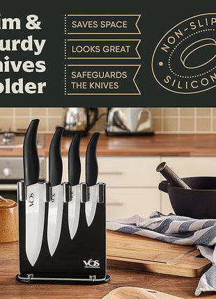 Vos Ceramic Knife Set with Block, Ceramic Knives Set For Kitchen, Ultra Sharp Kitchen Knife Set with Covers, 3" 4" 5" 6" Chef Knife, Utility, Paring & Versatile, Lightweight, Dishwasher safe (Black)