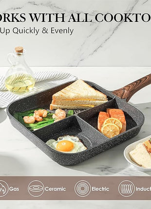 SENSARTE Nonstick Divided Grill Pan for Stove Tops, 3-Section Versatile Breakfast Grilling Pan, Durable Square Grill Skillet, Steak Griddle Pan, PFOA, PFOS, APEO Free, Induction Compatible, 9.5 Inch