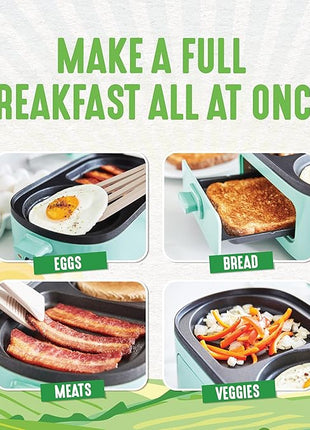 GreenLife 3-in-1 Breakfast Maker Station, Healthy Ceramic Nonstick Dual Griddles for Eggs Meat Sausage Bacon Pancakes and Breakfast Sandwiches, 2 Slice Toast Drawer, Easy-to-use Timer, Turquoise