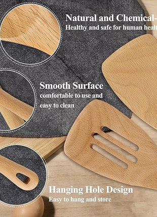 Wooden Spatula Set, 6 Pack Kitchen Wood Slotted Spoon Spatulas Turner Utensils for Cooking, Non Toxic Solid Wooden Spatulas Natural Wood Serving Spoons Spaghetti Utensil Set for Nonstick Cookware