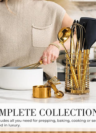 Styled Settings Black and Gold Kitchen Utensils Set - 15-Piece Nonstick BPA-Free Silicone Cooking Tools with Measuring Cups and Spoons - Luxury Kitchen Accessories for Stylish Cooking and Baking