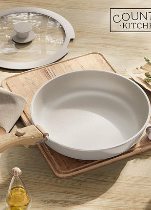 Country Kitchen Cookware Set with Removable Handle, Oven & RV Safe Pots and Pans Set, Cream Gold Speckle Wood Handle, Original