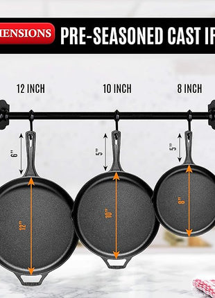 Bruntmor 8, 10 and 12 Inch Pre-Seasoned Frying Pan Set of 3, Oven Safe Skillet, Grill Pan Set, Nonstick Cookware with Side Drip Lips, Black