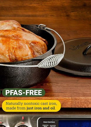 Lodge 9 Quart Pre-Seasoned Cast Iron Dutch Oven with Lid - Wire Bail Handle for Easy Transfer from Cooking Surface to Table - Use in the Oven, on the Stove, on the Grill or over the Campfire - Black