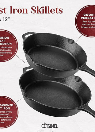 Cuisinel Cast Iron Skillet Set - 10" + 12" Frying Pan + Glass Lids + 2 Handle Cover Grips - Pre-Seasoned Oven Cookware - Indoor/Outdoor Use - Grill, Stovetop, Induction, BBQ, Camping, Fire Use