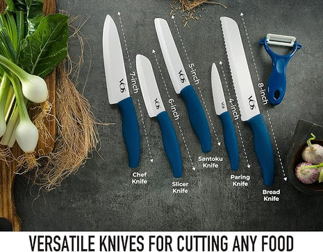 Vos Ceramic Knife with Peeler, Knives Set For Kitchen, Ultra Sharp Kitchen Knife Set with Covers, 4" 5" 6" 7" 8" Paring, Chef Knife, Santoku & 2 more, Lightweight, Dishwasher safe (Blue)